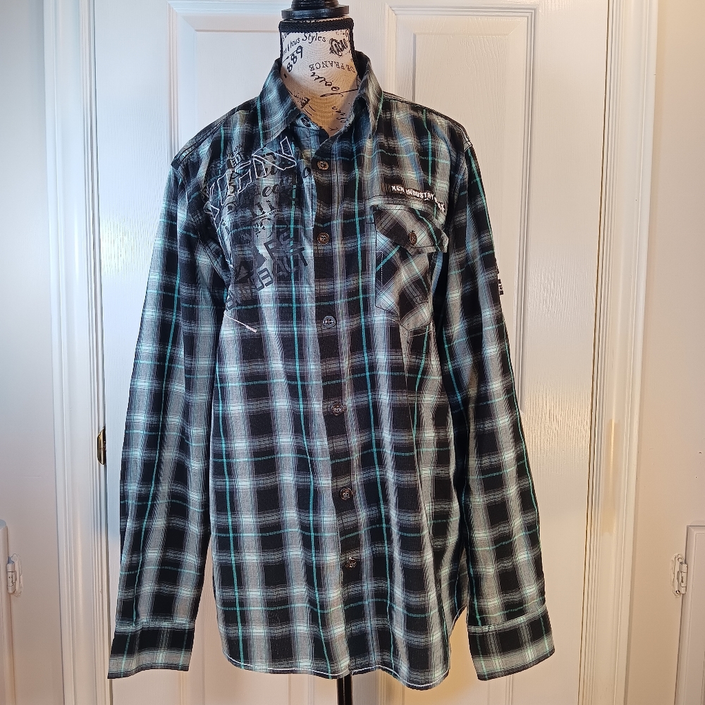 NWOT Oxygen Men's Long Sleeve Button Down Shirt Black Teal Graphic Size L